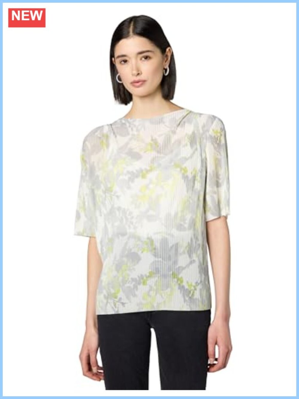 High Neck Short Sleeve Accordion Chiffon Blouse